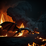 A majestic black dragon with scales flies gracefully over a river of fiery lava, creating a captivating fantasy scene filled with vibrant and intense colors.
