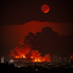 A city set ablaze under the haunting glow of a blood-red moon, creating a dramatic and captivating scene that blends urban landscapes with celestial wonders.