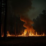 A mystical scene of glowing spirits dancing amidst a burning forest, capturing the ethereal beauty and surreal landscape of nature's fury and otherworldly grace.