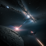 A spectacular mid-explosion collision of asteroids in space, showcasing dazzling cosmic fireworks and celestial dynamics.