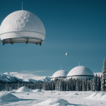 A futuristic colony dome situated on an icy moon, showcasing human innovation and sustainable living in space.