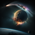 A dramatic scene of a massive comet crashing into a majestic gas giant, showcasing the cosmic forces and celestial beauty of this astronomical event.