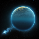 A comet dramatically colliding with an alien world, showcasing a stunning cosmic event with celestial bodies in a mesmerizing display.