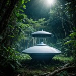 A mysterious crashed UFO nestled within the dense foliage of a jungle, sparking intrigue about extraterrestrial life and interstellar mysteries.