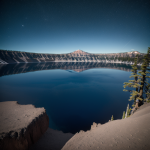 A breathtaking view of a crater lake reflecting a starry night sky, capturing the serene beauty of nature and the cosmos in perfect harmony.