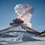 A stunning cryovolcano eruption on an icy moon surface, showcasing frozen geysers and celestial geology.