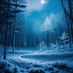 A serene moonlit forest with shimmering crystals creating a magical and enchanting landscape, perfect for nature enthusiasts and dreamers.