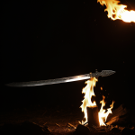A cursed sword burning with dark energy, surrounded by an aura of mystery and power, ready for legendary battles and adventures in a mystical realm.