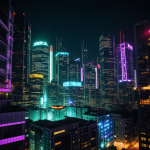 A glowing cybernetic city core showcasing futuristic architecture and advanced technology, illuminating the night with vibrant lights and innovative design.