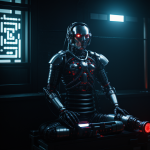 A cybernetic samurai meditating, blending traditional samurai discipline with advanced technology, showcasing tranquility in a futuristic setting.