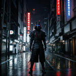 A cybernetic samurai navigating the rain-soaked streets of Tokyo, blending traditional samurai aesthetics with futuristic technology under neon lights.