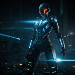 A cybernetic soldier engaged in a futuristic battle, showcasing advanced technology and resilience on a chaotic battlefield.