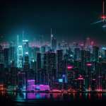 A breathtaking view of a cyberpunk city skyline illuminated by vibrant neon lights, showcasing futuristic architecture and urban charm.