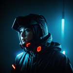 A cyberpunk hacker with a glowing visor, showcasing futuristic technology and fashion in a neon-lit environment.