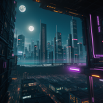 A stunning cyberpunk moonrise over a futuristic cityscape, featuring towering skyscrapers and vibrant neon lights under the night sky.