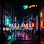 A cyberpunk street market glowing with neon lights, showcasing bustling stalls and vibrant colors, creating a futuristic and eclectic atmosphere.