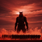 A demon army marching beneath ominous red skies, creating a chilling and apocalyptic fantasy scene.