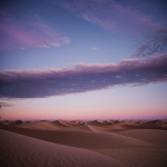 A breathtaking view of desert dunes at twilight under a sky painted in purple hues, capturing the serene and majestic beauty of the natural landscape.