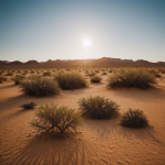 A mystical desert landscape with two suns setting over vast, shimmering sand dunes, creating an ethereal and captivating scene.