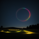 A Dyson ring featuring glowing farms, showcasing futuristic agricultural ecosystems thriving in space, revolutionizing sustainability and food production.