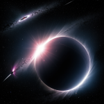 An artistic representation of a Dyson swarm eclipse, showcasing the intricate array of solar satellites orbiting a star, casting a unique shadow.