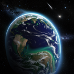 A breathtaking view of Earth glowing under the impact of an asteroid, illustrating a cosmic collision's beauty and potential planetary effects.