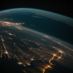 View of Earth from orbit showing glowing city lights at night, highlighting the vibrant urban landscapes and human connectivity across the globe.