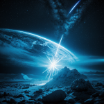 An epic space battle scene frozen in silence, showcasing starships and laser beams in a vast cosmic backdrop.