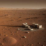 A breathtaking view of the first human city on Mars, showcasing innovative architecture and sustainable living on the Red Planet.