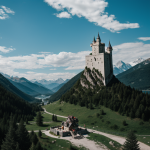 A majestic floating castle suspended in the air, magically chained to towering mountains under a clear blue sky, creating an enchanting and mystical scene.