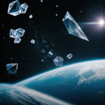 A stunning display of floating crystal shards orbiting in space, highlighting their mesmerizing beauty and cosmic allure.
