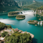 A stunning view of floating islands connected by cascading waterfalls in the sky, showcasing nature's magical and serene beauty.