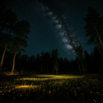 A magical forest scene with a warm, ethereal glow from countless fireflies illuminating the dark, creating a dreamlike and enchanting atmosphere.