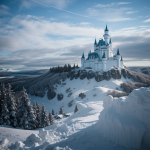 A breathtaking view of a frozen castle nestled amidst the clouds, showcasing its majestic icy architecture and ethereal beauty in a snowy landscape.