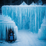 A mesmerizing view of a frozen kingdom with majestic ice golems standing guard, embodying the essence of a mythical and enchanted realm.