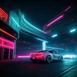 A futuristic car racing along neon-lit streets, showcasing vibrant colors and high-speed excitement, embodying the fusion of technology and aesthetics.