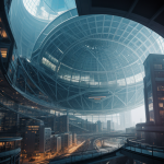 A breathtaking view of a futuristic city enclosed within a transparent dome, showcasing advanced urban design and lush greenery under a clear blue sky.
