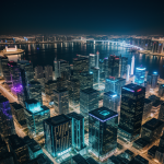 A breathtaking futuristic city with holograms, showcasing advanced urban landscapes and innovative architecture.