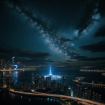 A breathtaking view of a futuristic cityscape illuminated under a starry night sky, showcasing advanced architectural designs and celestial beauty.