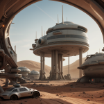 An artistic depiction of a futuristic colony on Mars, showcasing advanced habitats and technology under the Martian sky, illustrating human life beyond Earth.