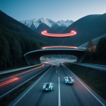 A futuristic highway at night with glowing hovercars zipping along illuminated paths, showcasing advanced technology and modern transportation systems.
