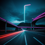 A futuristic highway illuminated by vibrant neon lights, showcasing innovative road design and technology in an urban landscape.