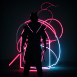 A futuristic neon samurai silhouette blending traditional samurai attire with vibrant neon colors, set against a dark background, embodying a blend of past and future.
