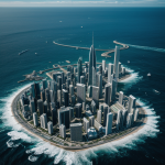 A futuristic cityscape hovering above the ocean, showcasing advanced architecture and sustainable design principles in a harmonious blend with the sea.