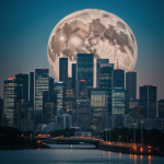 A breathtaking futuristic skyline featuring twin moons casting a gentle glow over a modern cityscape, blending science fiction and urban beauty.