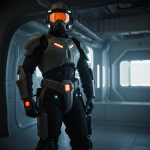 A futuristic soldier in power armor showcasing advanced technology and sci-fi design, standing in a dynamic pose with a futuristic backdrop.