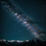 A beautiful galaxy swirling in the night sky above majestic mountains, showcasing the breathtaking beauty of nature and the cosmos.