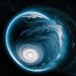 A breathtaking view of a gas giant's storm, with swirling clouds forming an eye-like shape, showcasing dynamic weather patterns in its atmosphere.