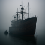 A ghost ship glowing eerily amidst thick fog, embodying mystery and legend on the sea.