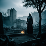 A ghostly knight stands in ancient ruins, shrouded in mist and mystery, evoking a haunting and ethereal atmosphere.